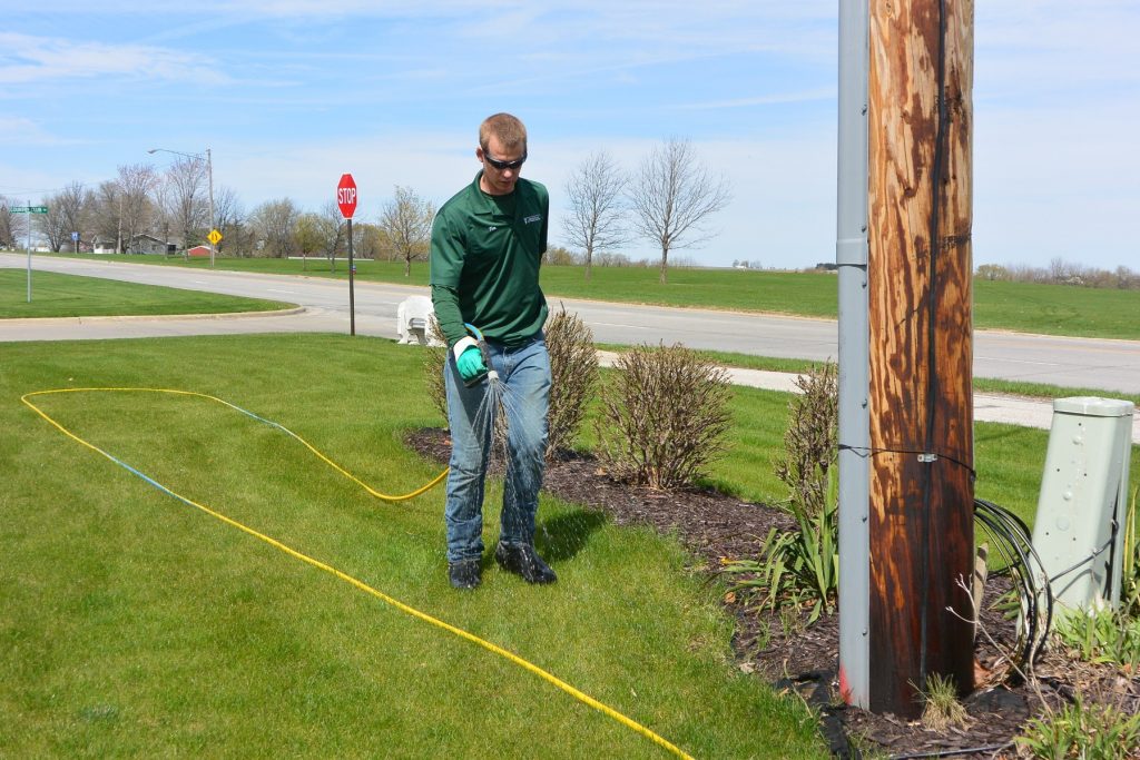 Green Valley employee using a handheld sprayer by plant bed and utility pole